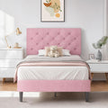 Hombck Twin Size Bed Frame With Headboard, Pink Upholstered Linen Fabric Bed Frame With Wooden Slats, Twin Bed Frames For Girls, Button Tufted Design, No Box Spring Needed, Pink