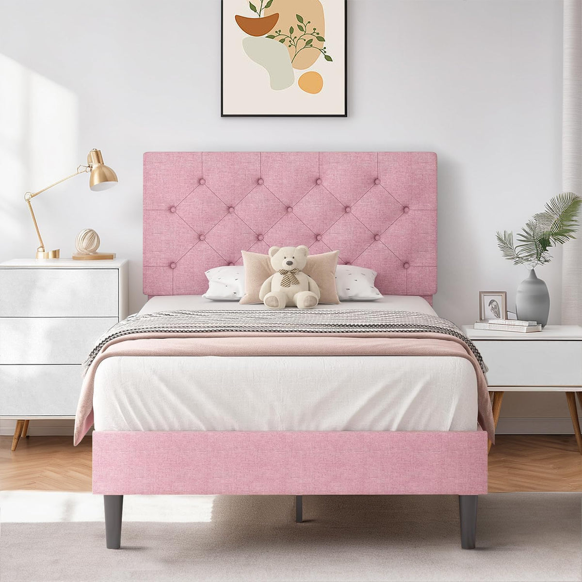 Hombck Twin Size Bed Frame With Headboard, Pink Upholstered Linen Fabric Bed Frame With Wooden Slats, Twin Bed Frames For Girls, Button Tufted Design, No Box Spring Needed, Pink