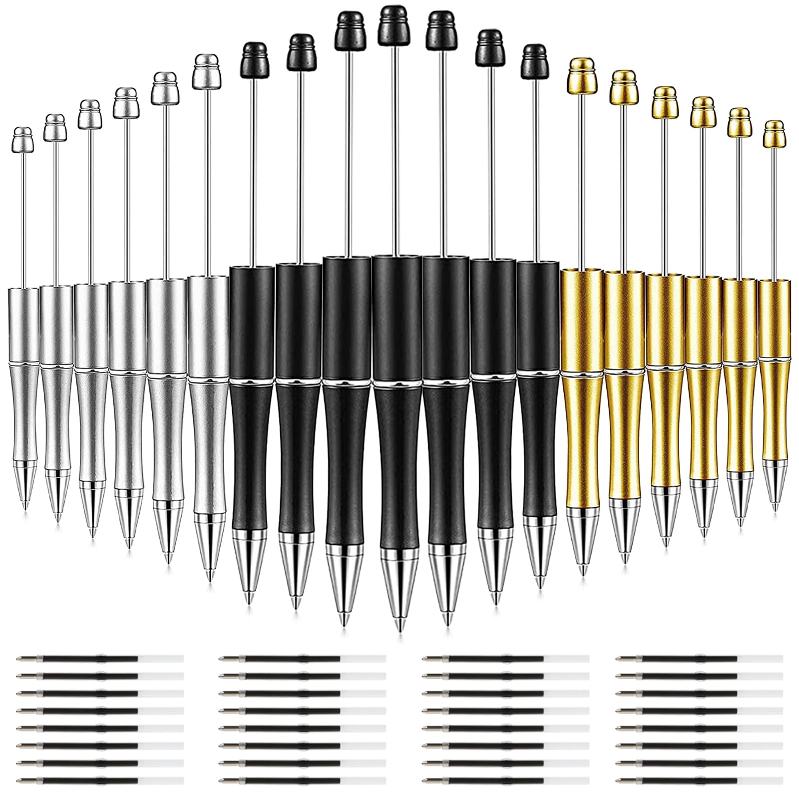 Whaline 24Pcs Beadable Pen Black Gold Silver Bead Ballpoint Pen Gel Ink Pen Retractable Writing Pens With Extra Refills For Diy
