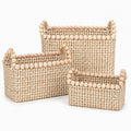 Handwoven Seagrass Shelf Baskets, Set of 3 Decorative Storage Bins with BeadAccented Handles, Vietnamese Woven Baskets for Entr