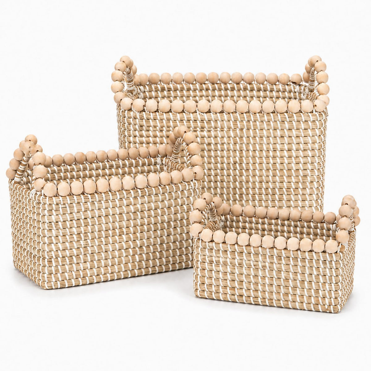 Handwoven Seagrass Shelf Baskets, Set of 3 Decorative Storage Bins with BeadAccented Handles, Vietnamese Woven Baskets for Entr