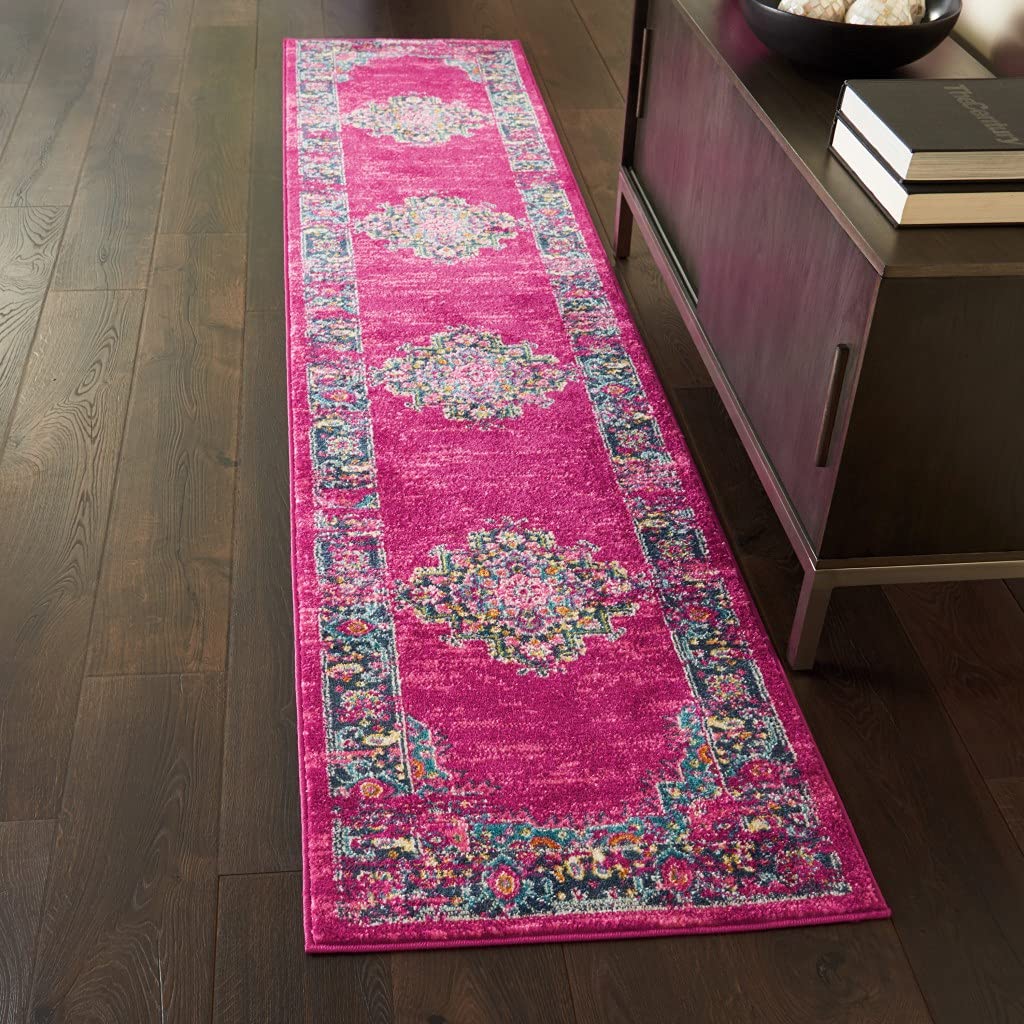 HomeRoots 100% Polypropylene 2’ x 10’ Fuchsia and Blue Distressed Runner Rug