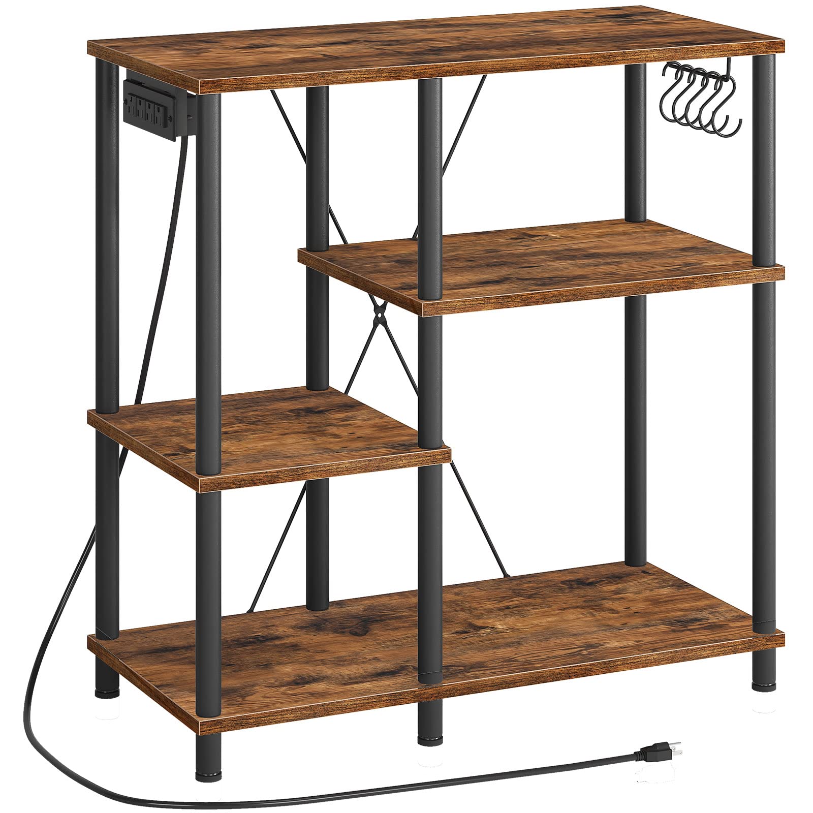 HOOBRO Bakers Rack with Power Outlet, Microwave Stand with 5 S-Shaped Hooks, Coffee Bar, Kitchen Storage Shelf, for Kitchen, Liv