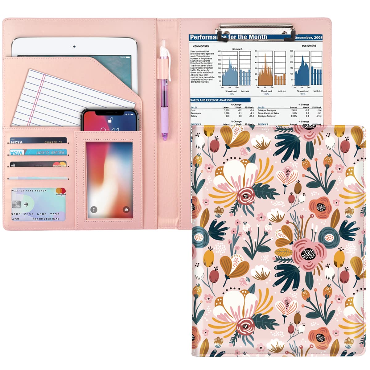 Waveyu Portfolio Case For Women, Cute Floral Padfolio Cover For Girls, Conference/Resume/Legal Document Organizer With Letter/A4