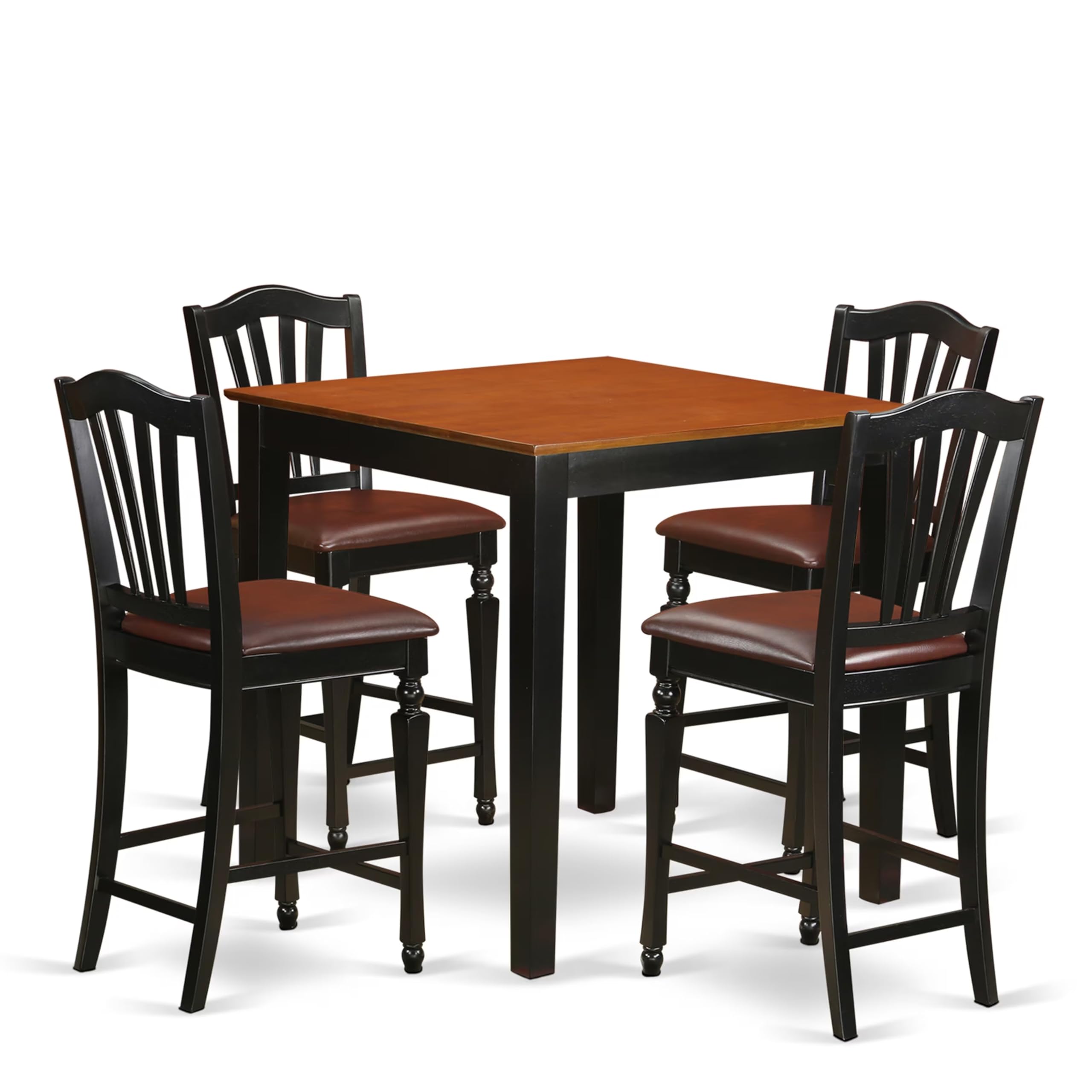 East West Furniture PBCH5-BLK-LC 5 Piece Kitchen Counter Height Dining Table Set Includes a Square Dining Room Table and 4 Faux Leather Upholstered Chairs, 36x36 Inch, Black & Cherry