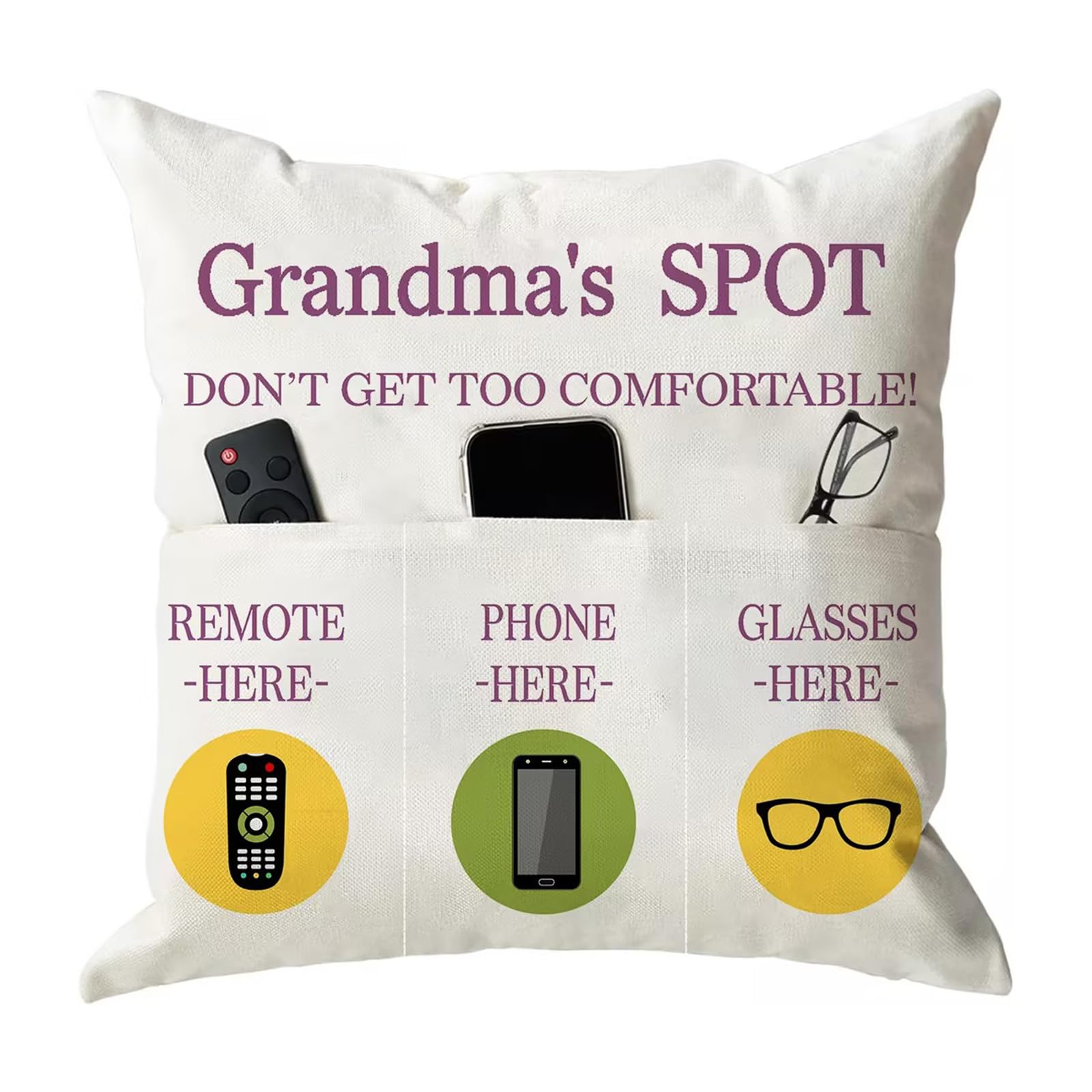 Onfaon Grandma Gifts, Grandma'S Spot Throw Pillow Covers 18X18 Inch,Put Phone Glasses And Remote Control Pillowcase,Birthday Chr