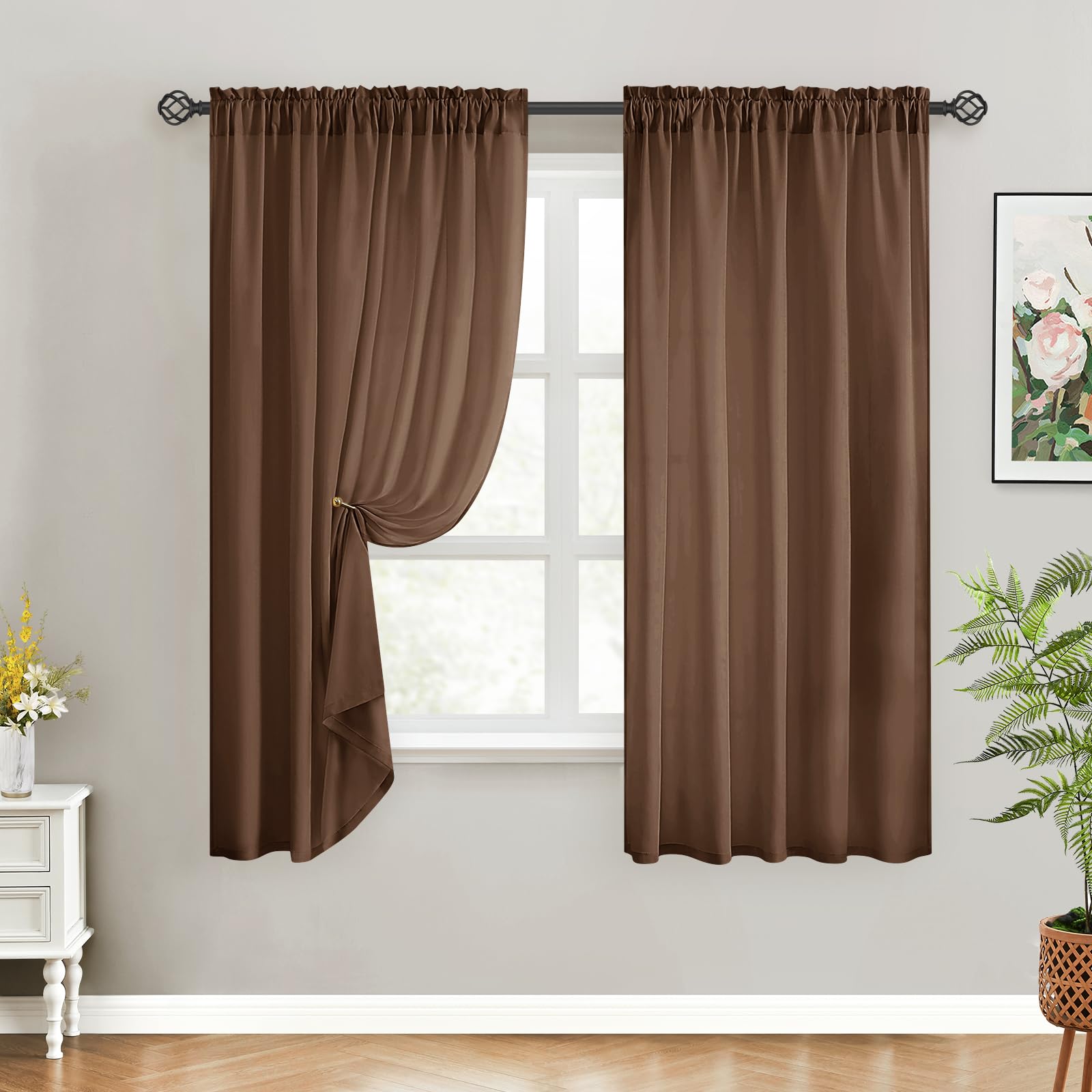 Homeideas Non-See-Through Brown Privacy Sheer Curtains 52 X 54 Inches Long 2 Panels Sheer Curtains Light Filtering Window Curtains Drapes For Bedroom Living Room