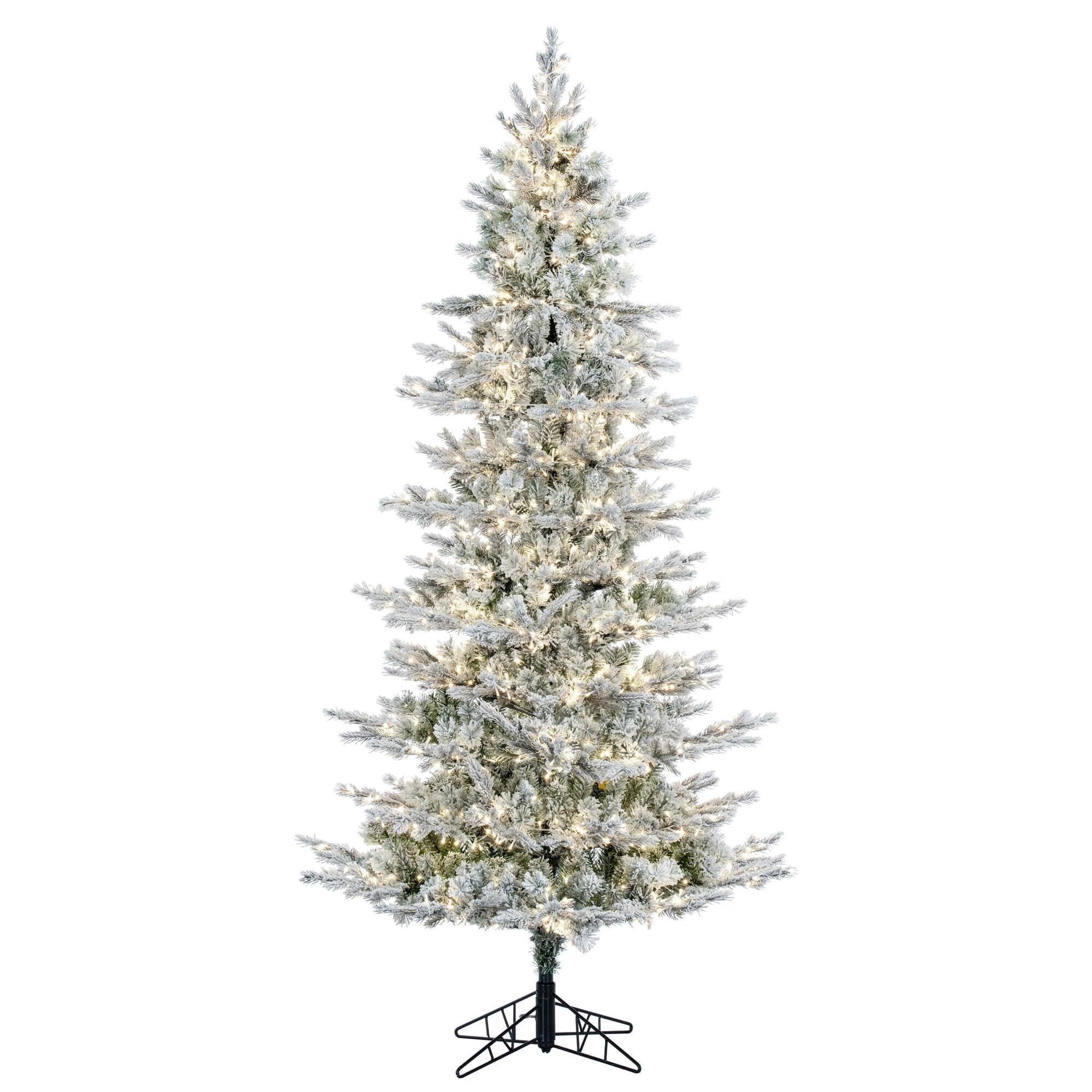Vickerman 9 x 51 Flocked Kiana Slim Artificial Prelit Christmas Tree, Warm White Wide Angle Low Voltage 3mm LED Lights, Snow Co