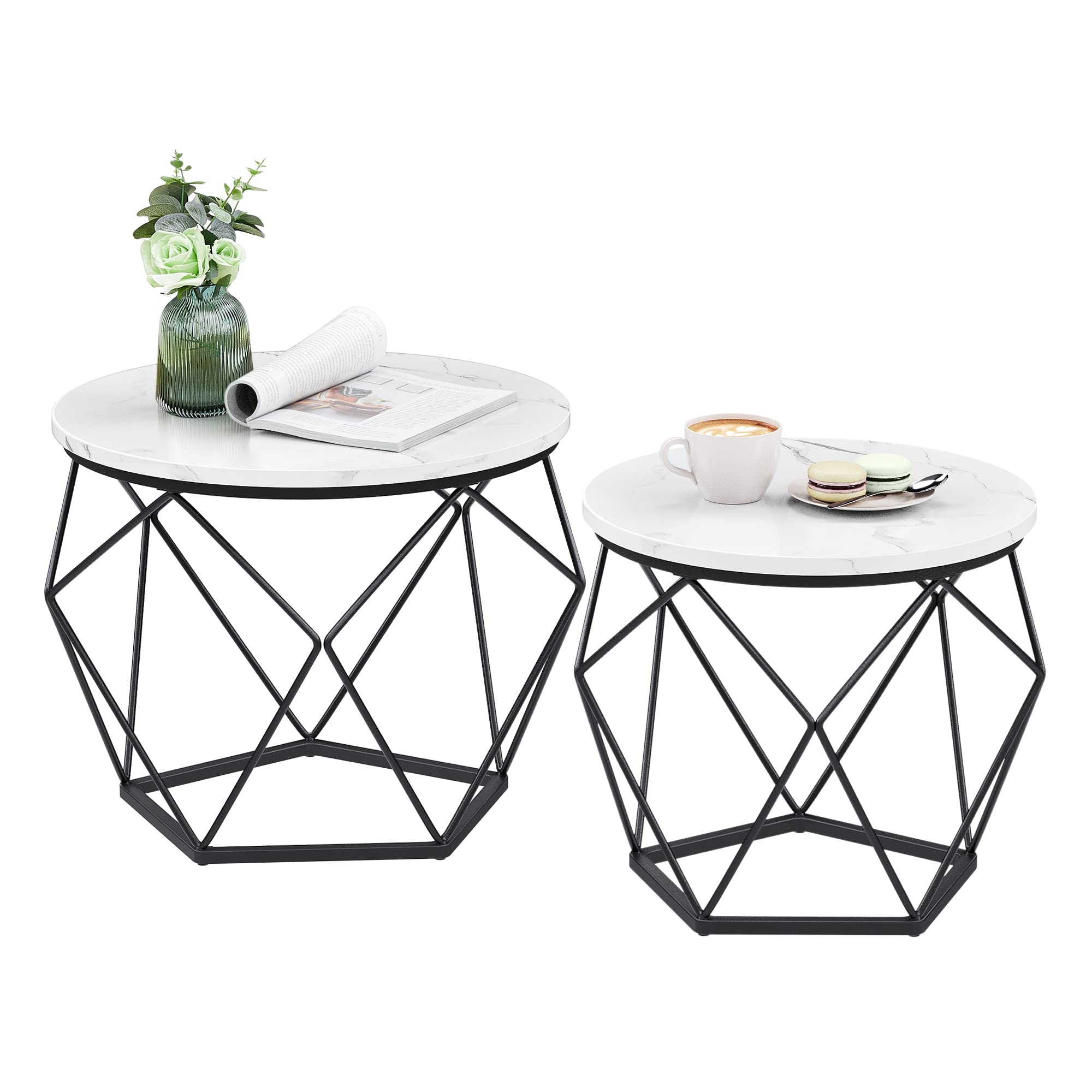 Vasagle Small Coffee Table Set Of 2, Round Coffee Table With Steel Frame, Side End Table For Living Room, Bedroom, Office, Marble White And Ink Black