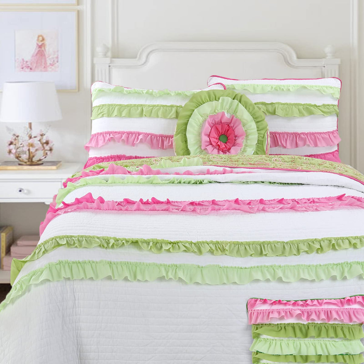 Cozy Line Home Fashions Pink Green Chic Ruffles Girl 100% Cotton Reversible Quilt Bedding Set, Coverlet, Bedspreads (Twin - 2 Pi