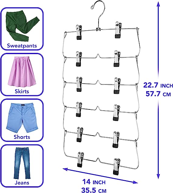 6-Tier Foldable Pants & Skirt Hanger with Adjustable Clips, 6-Pair Chrome Steel