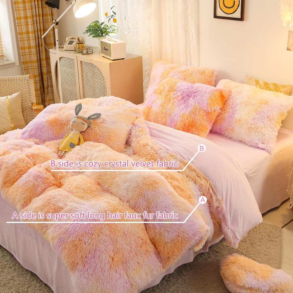 Sucses Faux Fur Twin Bedding Sets For Girls, 2 Pcs Fluffy Furry Duvet Cover Set, Plush Shaggy Tie Dye Teen Girl Bed Set, Colorfu