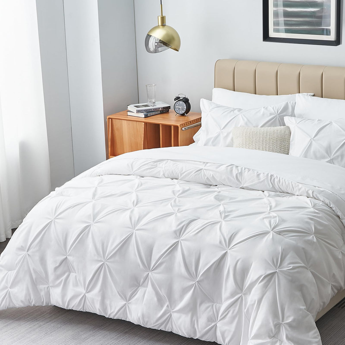 HIMEET White Queen Comforter Set 7 Pieces White Queen Comforter(88''x88'') Pintuck White Comforter Set Pinch Pleat White Comfort
