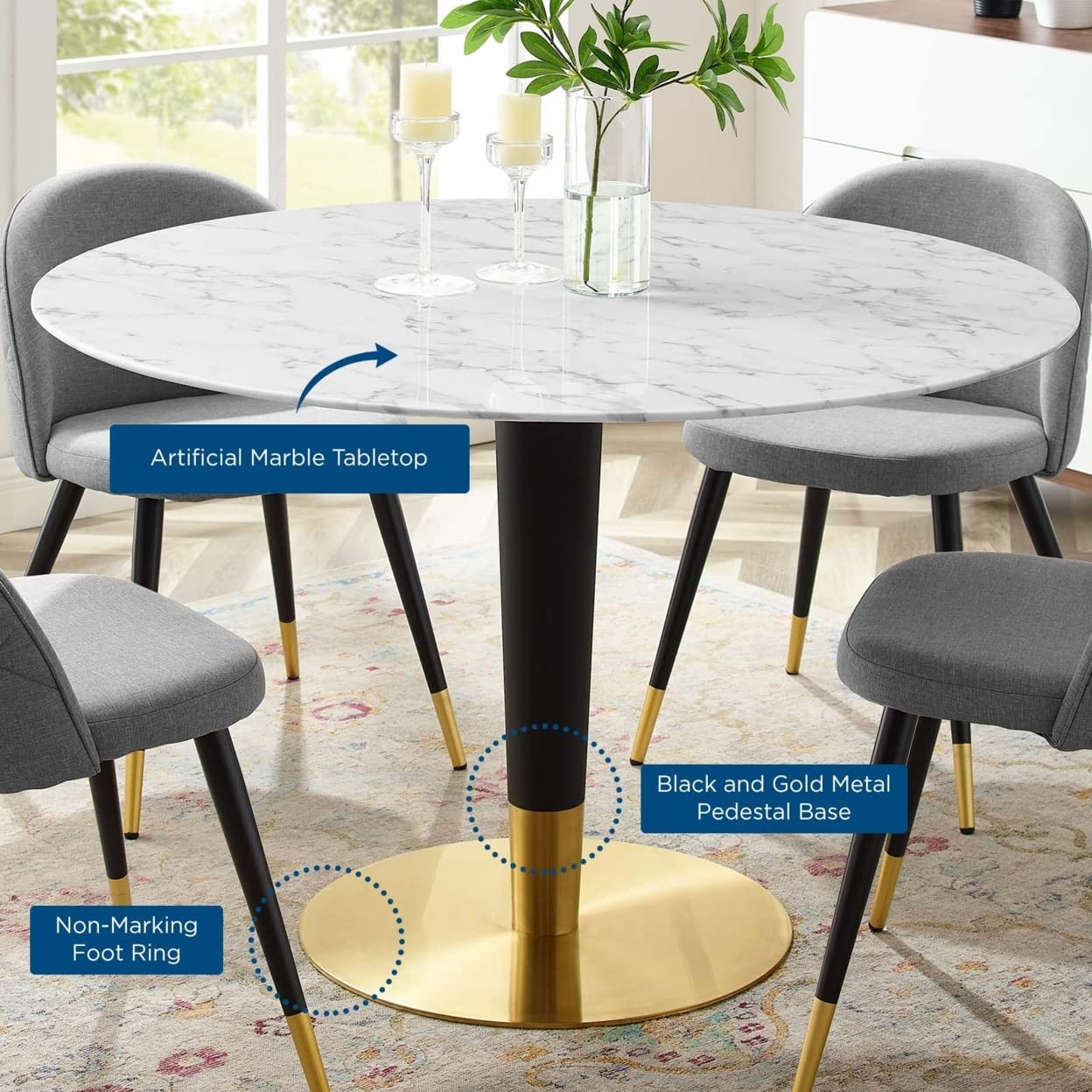 Modway Zinque Round Artificial Marble 47&quot; Dining Table in Gold White