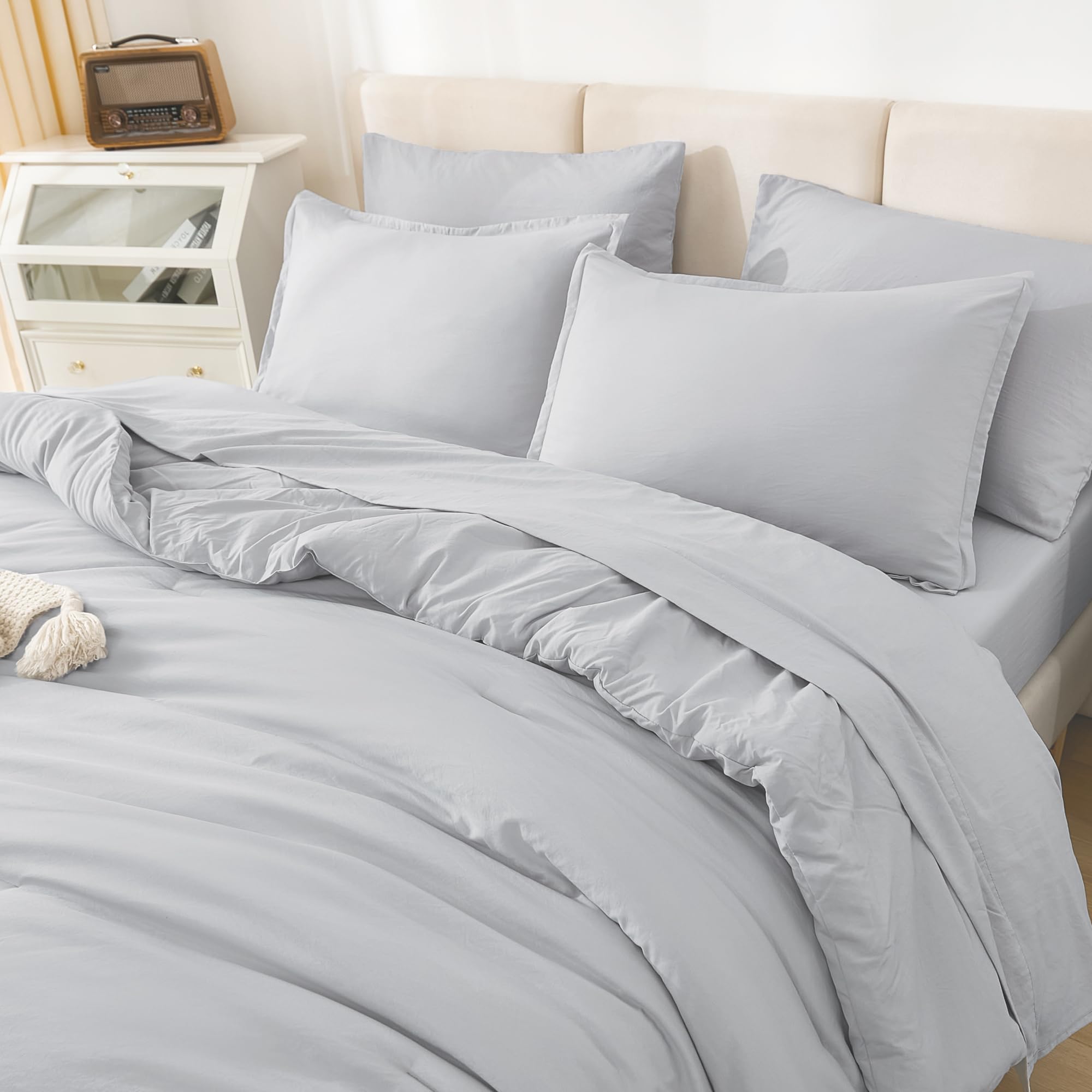 Litanika California King Comforter Set Light Grey - 7 Pieces Bed In A Bag Cal King Beddding Comforter Sets, Plain Lightweight Be