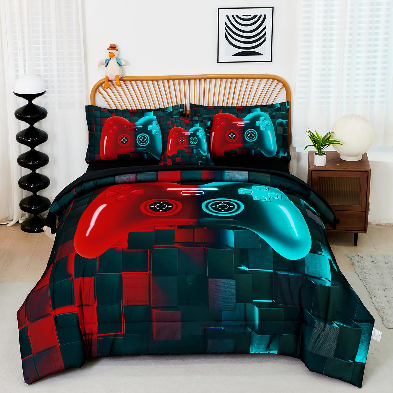 Perfemet Boys Bedding Set Full 6 Pieces Red And Teal Video Game Kids Bed In A Bag 3D Cool Soft Lightweight Girls Teens Gamer Bed