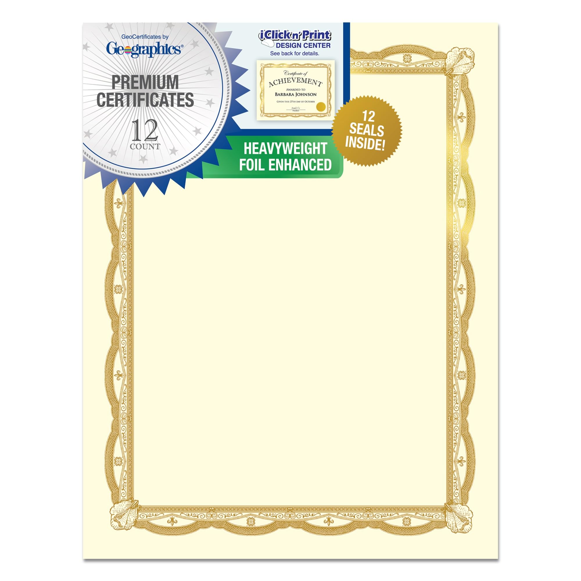 Geographics Heavyweight Certificates, 8-1/2' X 11', Gold Foil, Pack Of 12