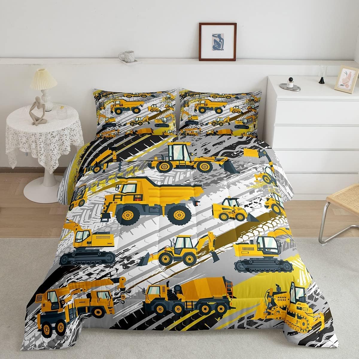 Boys Construction Comforter Set Truck Bedroom Decor For Kids Girls Under Construction Vehicles Down Comforter Toddler Child Cart