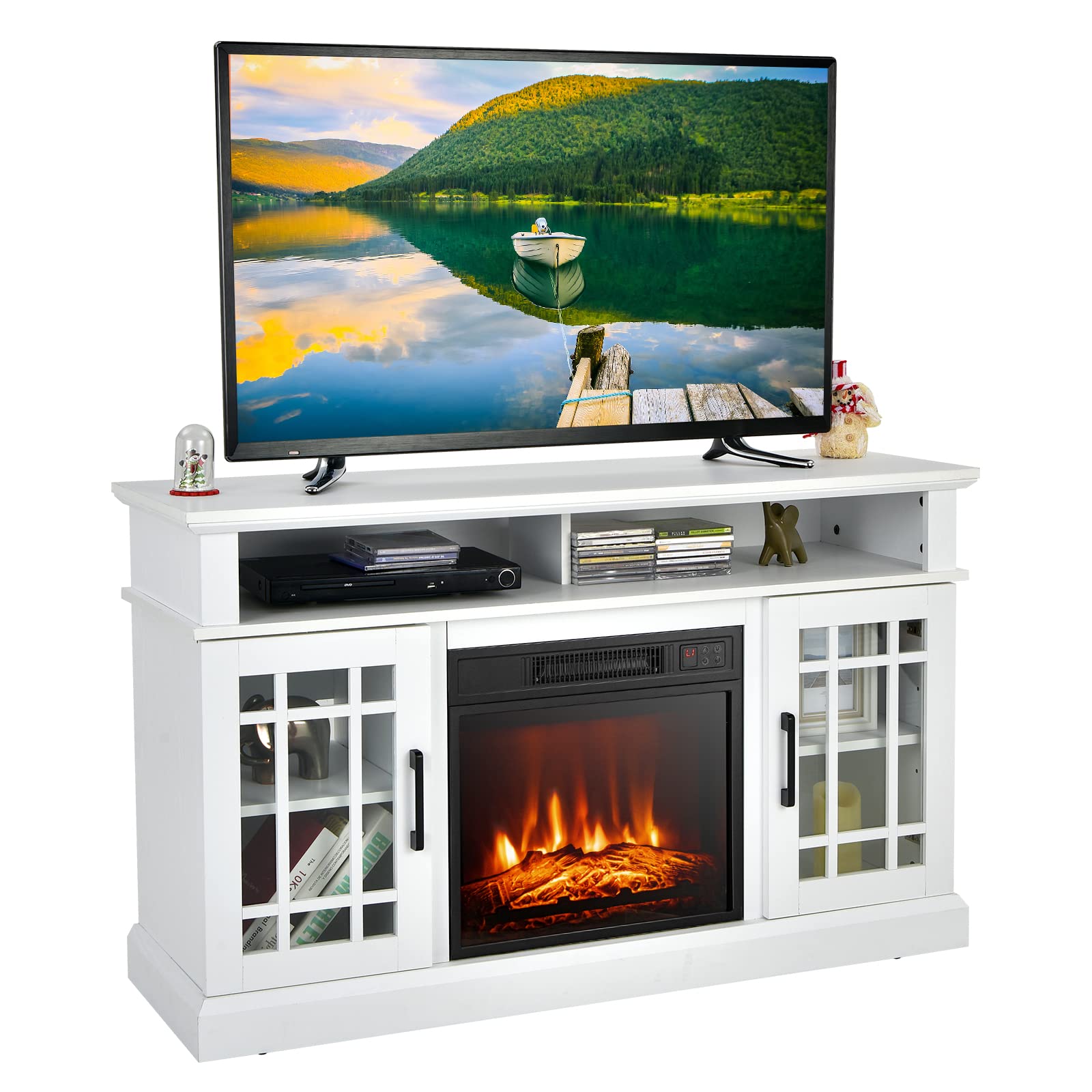 Goflame Fireplace Tv Stand For Tv Up To 55 Inches, Freestanding Wood Entertainment Center With 18' Electric Fireplace, 48' Tv Console Table With 2 Open Storage Compartments And 2-Door Cabinet, White