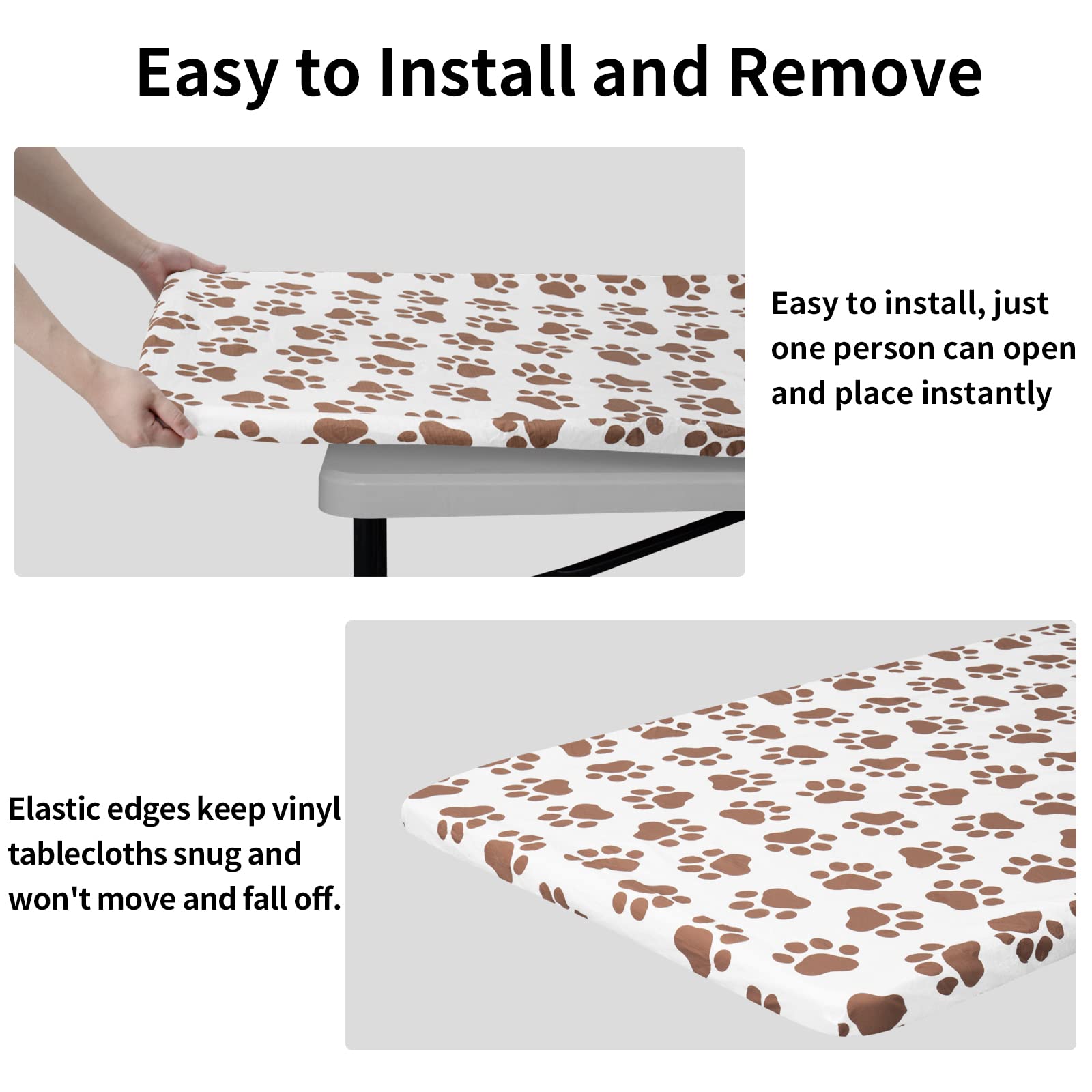 Easy-Going 100% Waterproof Picnic Outdoor Tablecloth With Bench Covers Fit 6 Foot Rectangle Table, 3-Piece Set Camping Table Cover With Seat Covers (30X72 In, Camel-Paw)