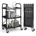 Goplus Folding Utility Cart, 3-Tier Rolling Tool Cart W/Lockable Wheels, Divided Storage Compartments, Collapsible Metal Service Cart Work Cart For Office Home, Garage, Kitchen, Black