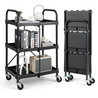 Goplus Folding Utility Cart, 3-Tier Rolling Tool Cart W/Lockable Wheels, Divided Storage Compartments, Collapsible Metal Service Cart Work Cart For Office Home, Garage, Kitchen, Black