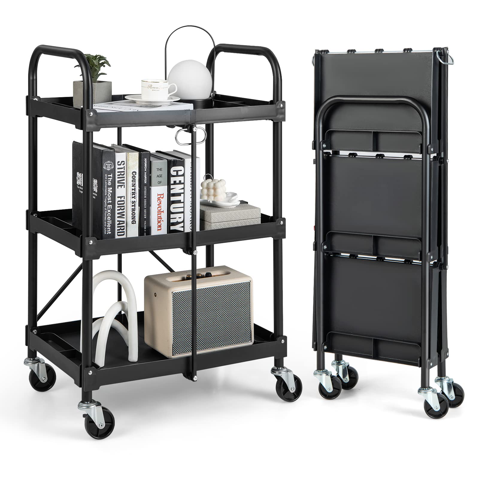 Goplus Folding Utility Cart, 3-Tier Rolling Tool Cart W/Lockable Wheels, Divided Storage Compartments, Collapsible Metal Service Cart Work Cart For Office Home, Garage, Kitchen, Black