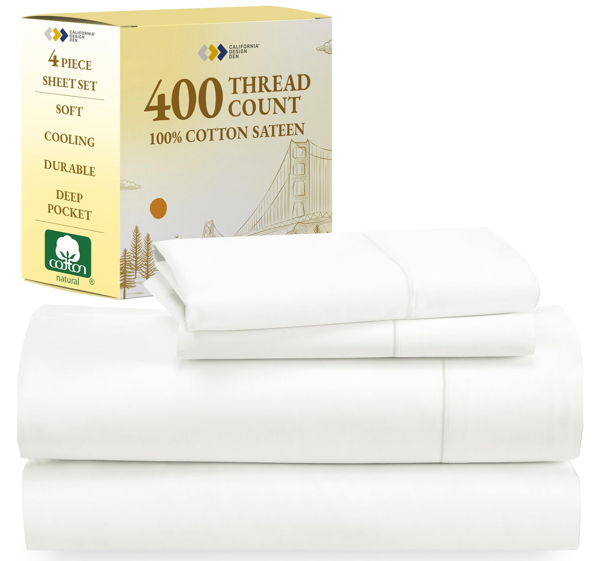 California Design Den 100% Cotton Sheets, Soft 400 Thread Count Sateen Bed Sheet Set, Cooling Sheets For Queen Size Bed With Dee