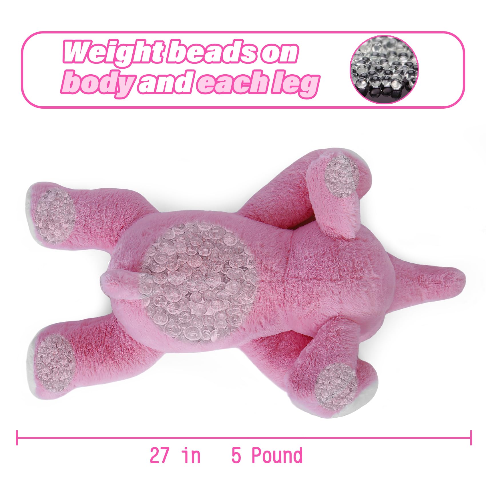 Jellymallow 5 Lbs 27' Weighted Elephant Stuffed Animals Pink, Giant Elephant Plush Pillow Huggable Plushie For Kids And Adults