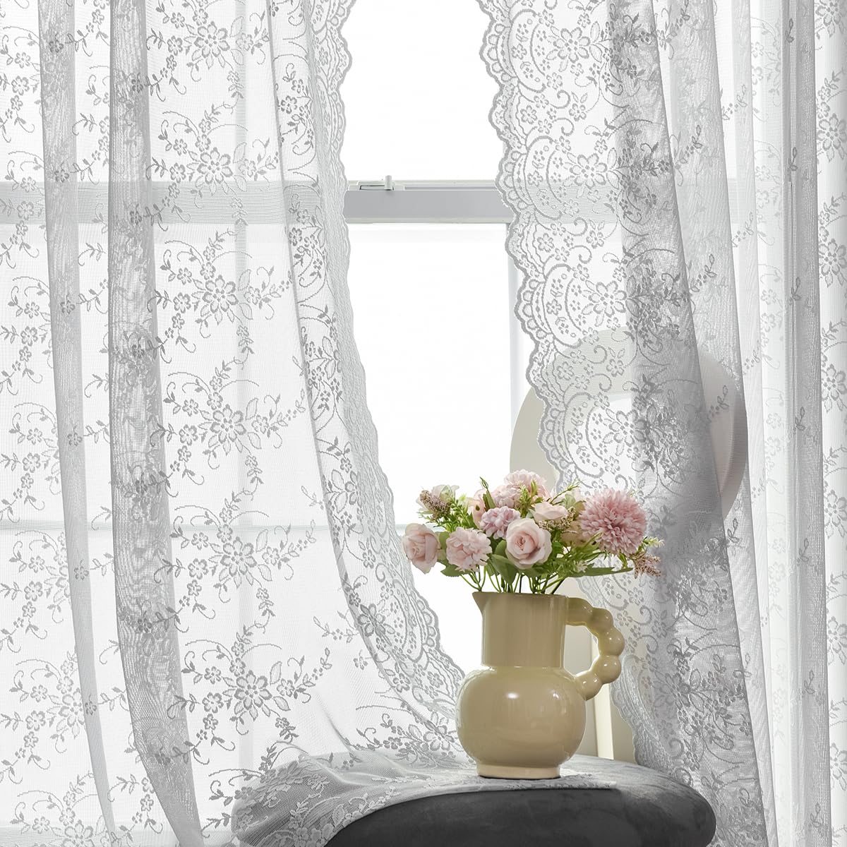 Kotile Grey Lace Curtains 54 Inch Length, Vintage Vine Floral Pattern Sheer Lace Curtains For Small Window, Scalloped Edge Count