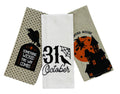 Halloween Kitchen Dish Towel Set: Fun Saying, Spooky Pumpkin Patch and Party Banner: Orange Black on Taupe Background (Hallow Ic