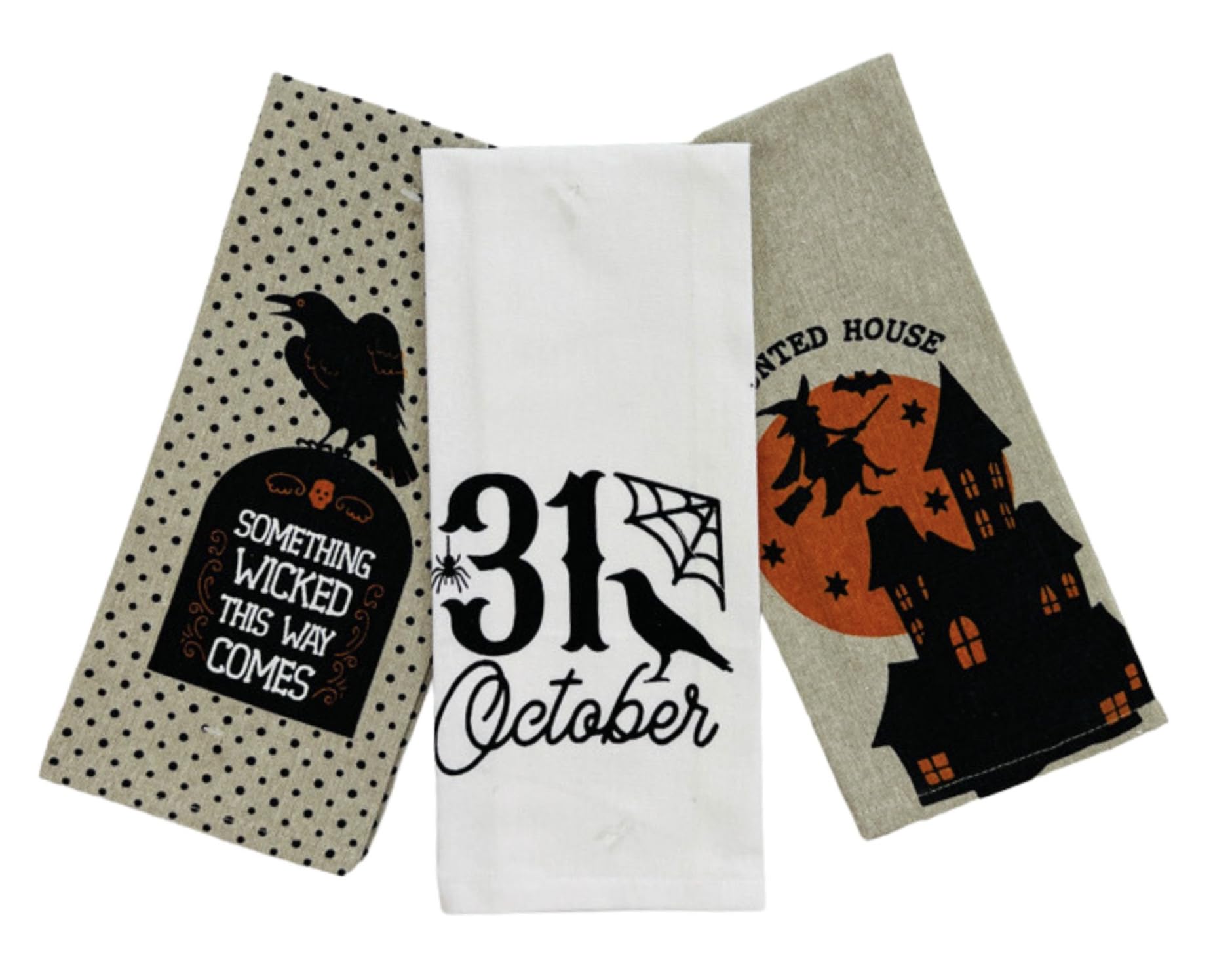 Halloween Kitchen Dish Towel Set: Fun Saying, Spooky Pumpkin Patch and Party Banner: Orange Black on Taupe Background (Hallow Ic