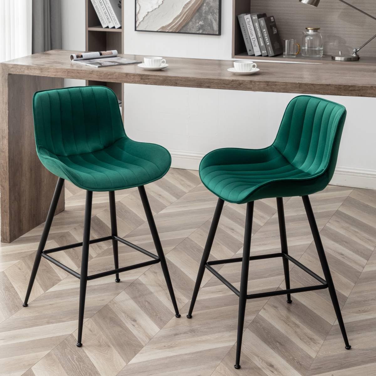 Whiterye 24 Inches Velvet Upholstered Island Stools, Bar Stools Set of 2, Fabric Counter Stools with Back, Counter Height Bar Ch