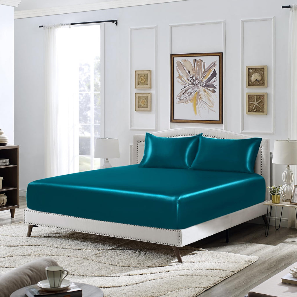 Siinvdabzx 3-Piece Set Satin Full Fitted Sheet & 2 Pillowcase, Dark Teal Silky Soft Fitted Bottom Sheet, Wrinkle Free, Fade Resi