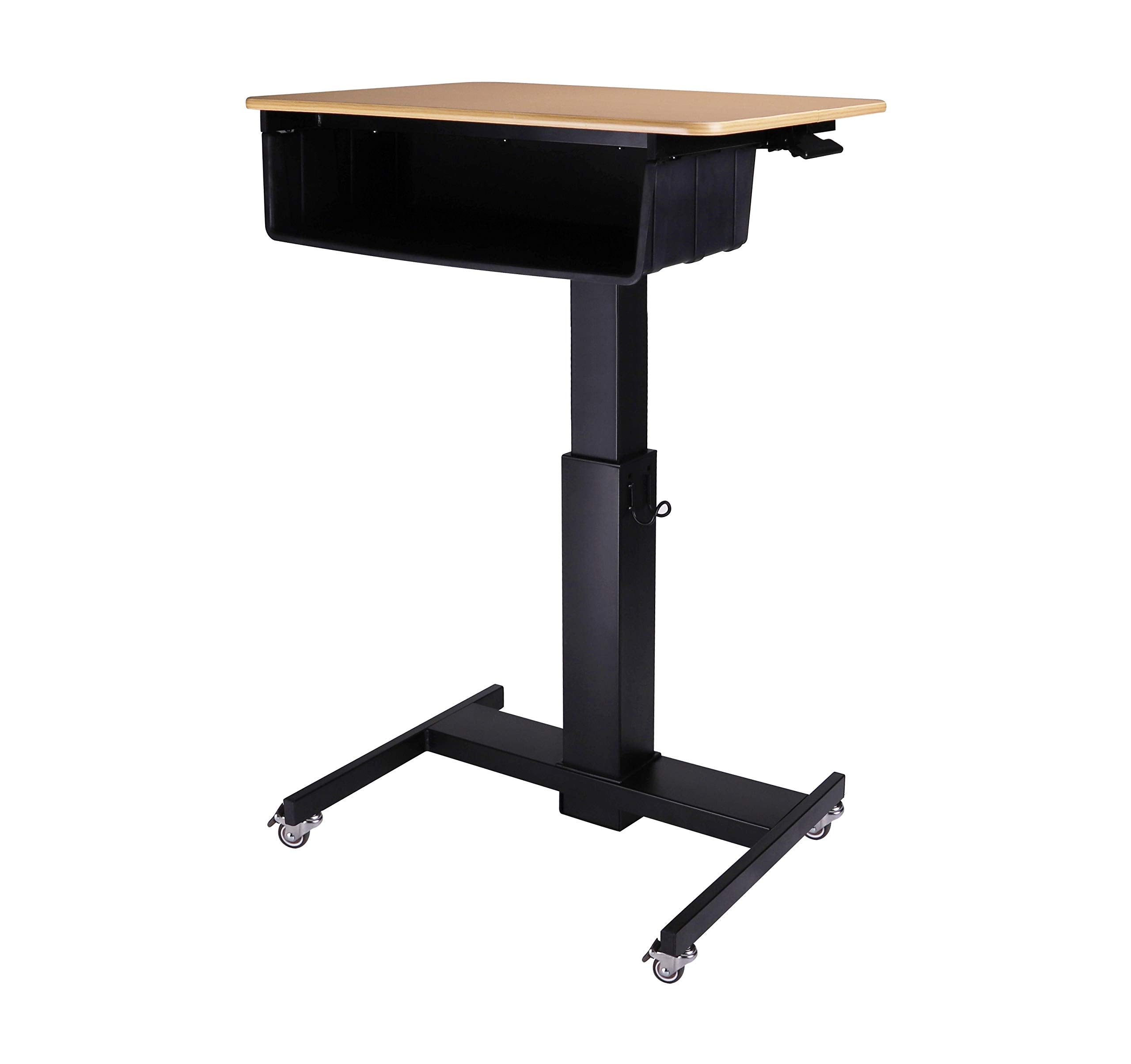 Rocelco 28" Height Adjustable Mobile School Standing Desk with Book Box Bundle- Quick Sit Stand Up Home Computer Workstation - Gas Spring Assist Office Laptop Riser Cart - Wood Grain (R MSD-28-BB)