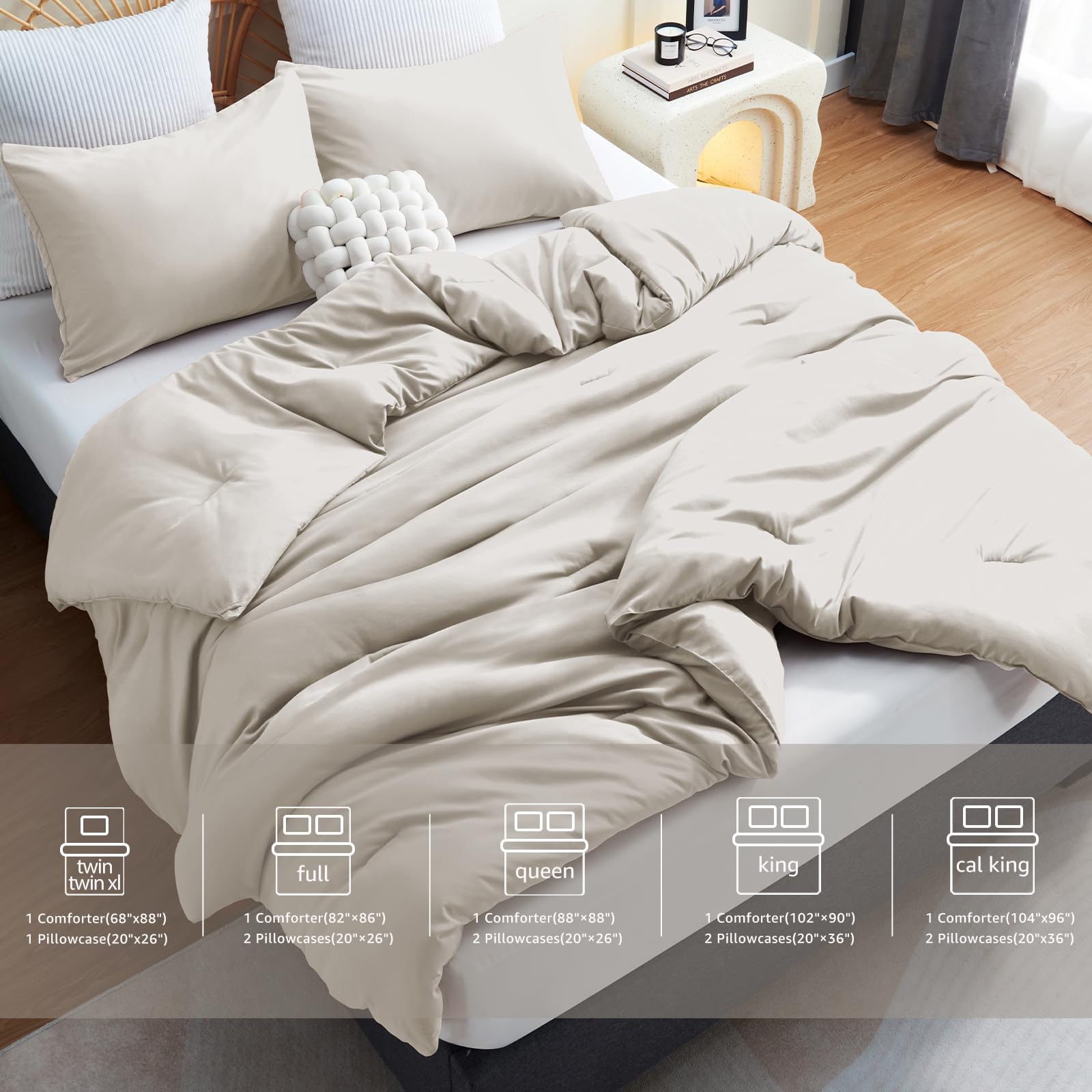 Cozylux California King Comforter Set Beige, 3 Pieces Cal King Solid Breathable Boho Style Bedding Sets, Cozy Luxury Fluffy Soft Microfiber Quilt Comforter For All Season(1 Comforter & 2 Pillowcases)