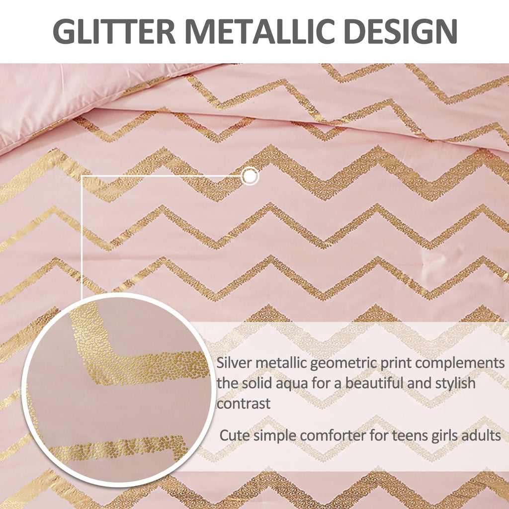 Menghomeus Pink Comforter Set Twin/Twin Xl Size Metallic Blush And Rose Gold Bedding Set, 3 Piece Lightweight Microfiber Comfort