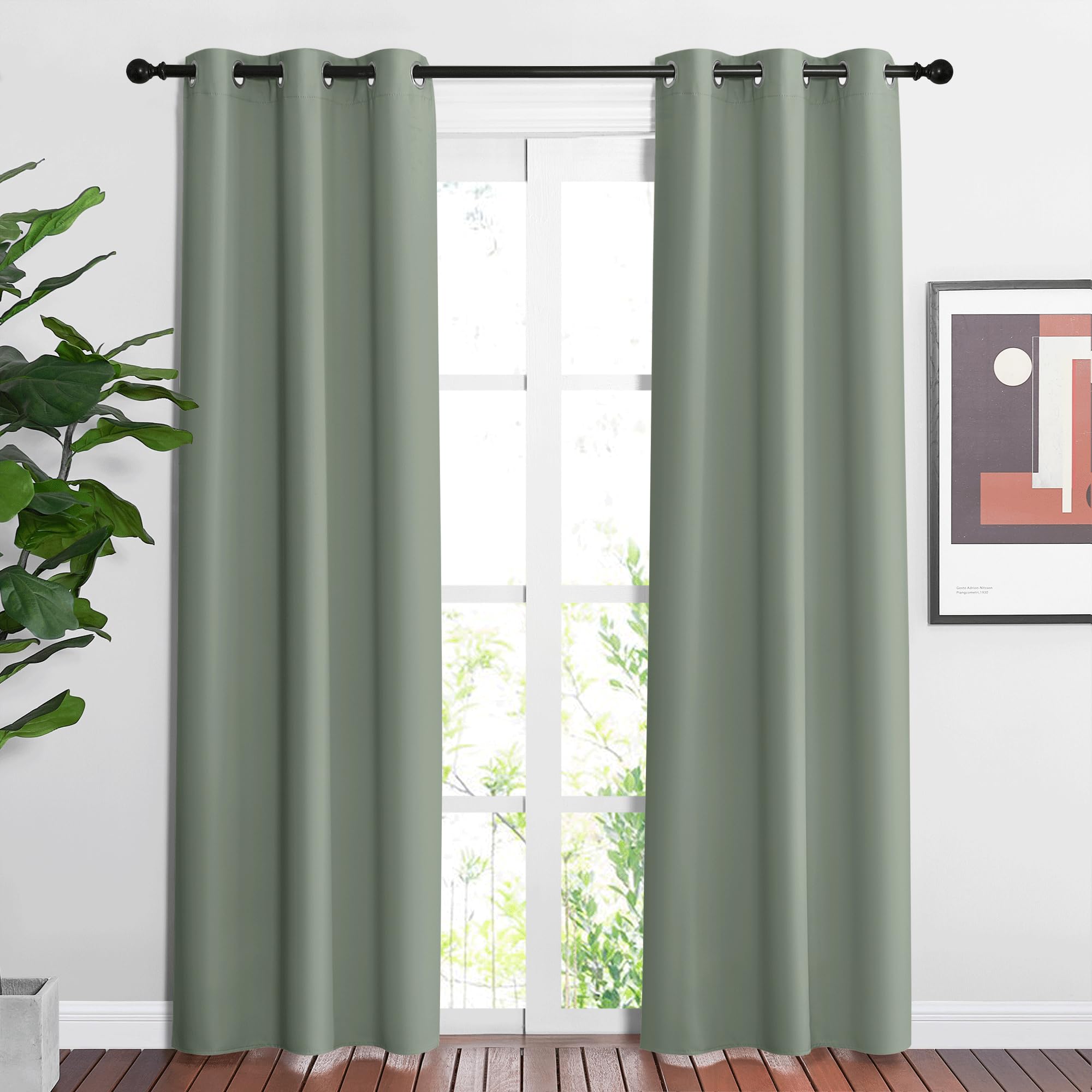 Nicetown Blackout Sage Green Curtains For Bedroom - Chic Thermal Insulated Grommet Room Darkening Window Treatments Sound Reduci