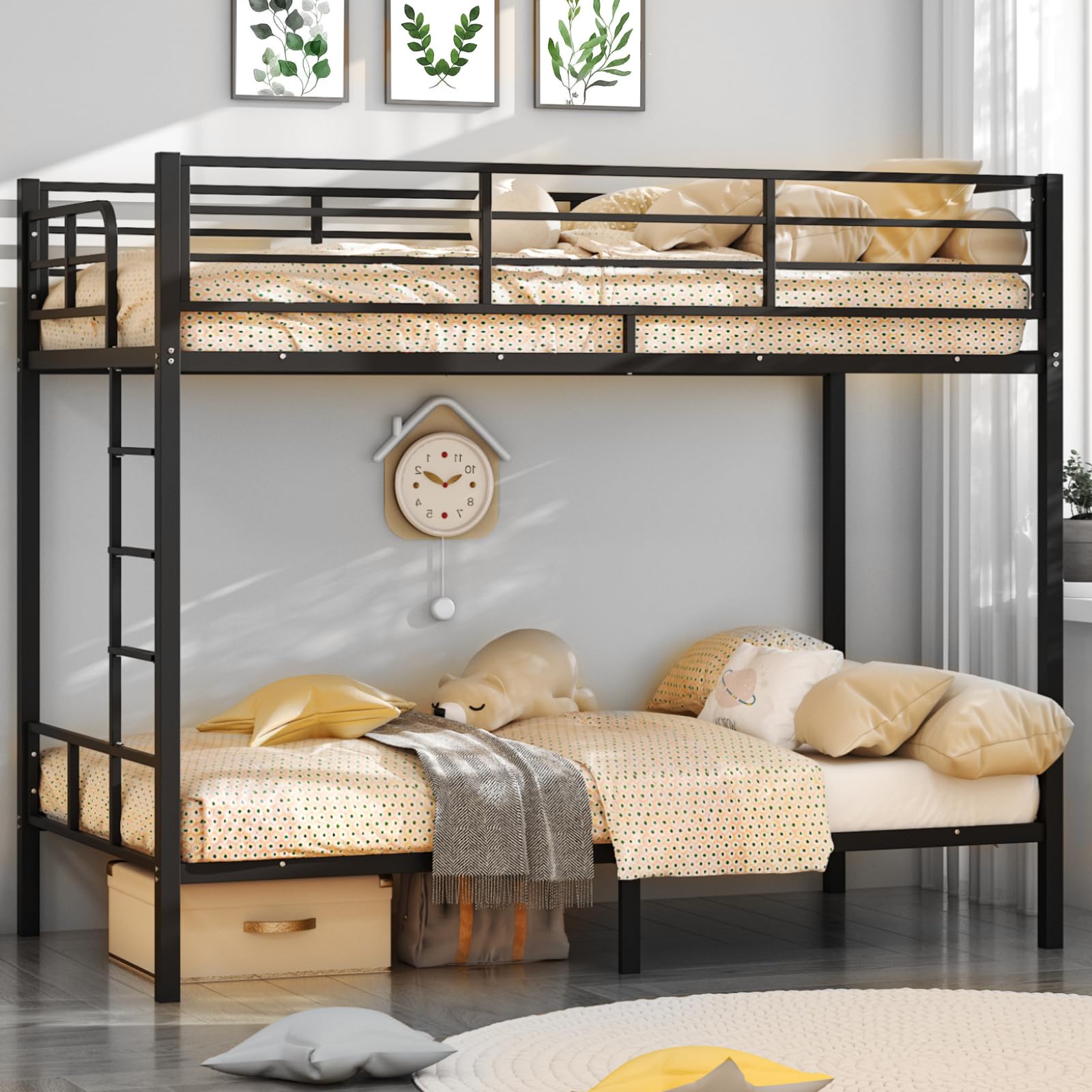 VINGLI Bunk Bed Twin Over Twin with 15 Inches Extra High Guardrail 2 Deckers Bunk Bed with Stairs & Flat Rungs, Heavy Duty Metal