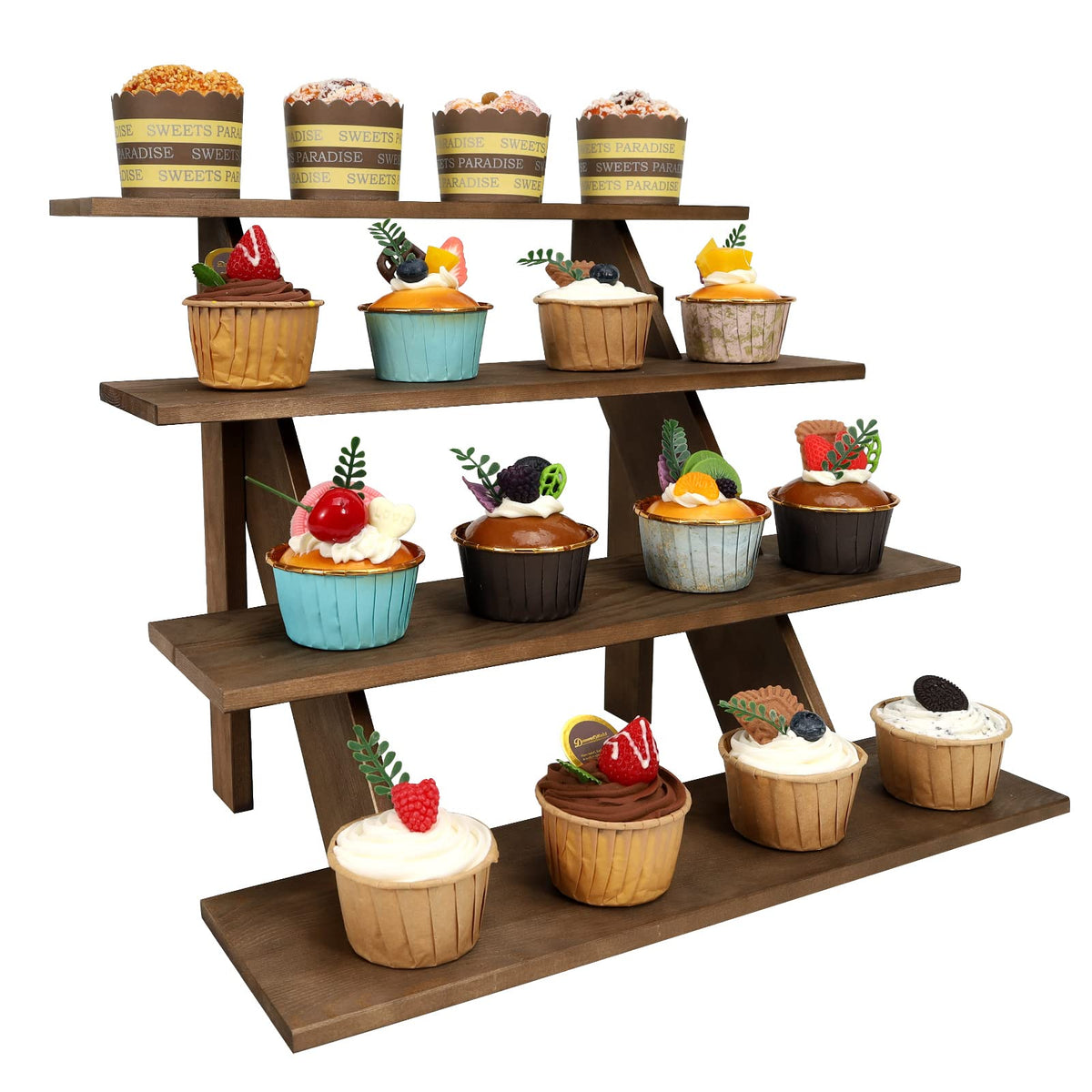ZYP 4-Tier Wooden Retail Display Riser Wooden Display Stand Cupcake Stands Tool Free Rustic Risers Table Display Stand for Vendo