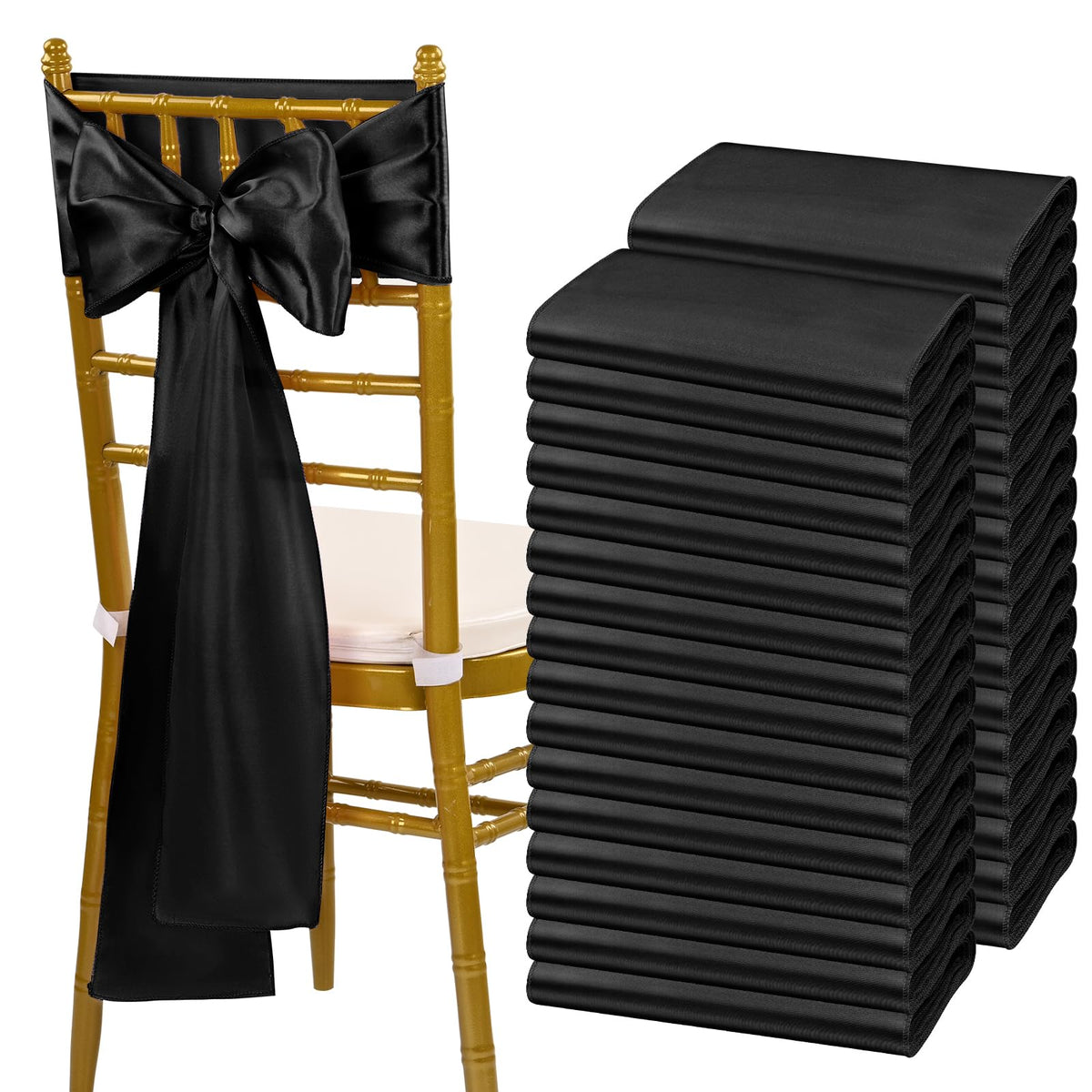 Fani 120 Pcs Black Satin Chair Sashes Bows Universal Chair Cover For Wedding Reception Restaurant Event Decoration Banquet,Party