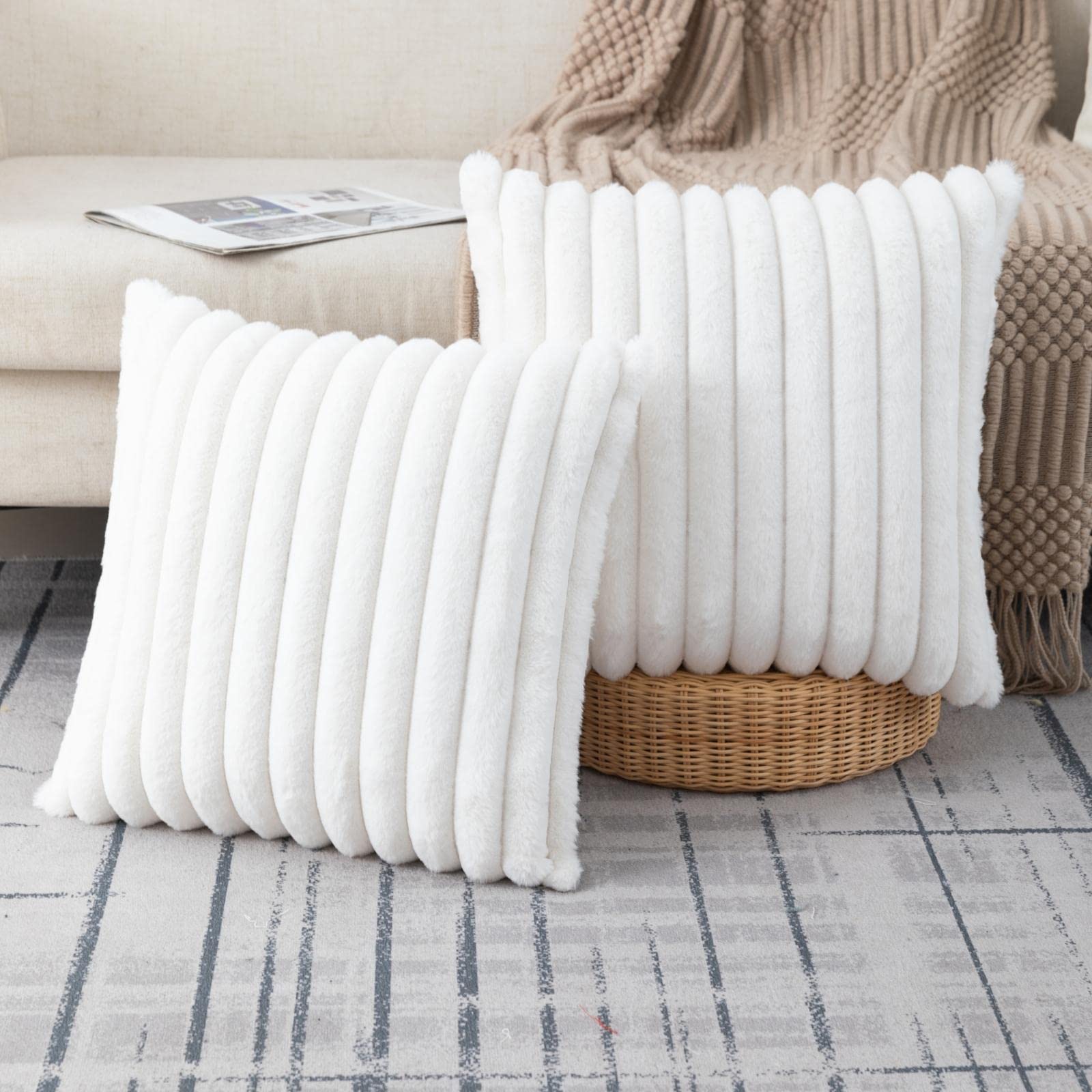 Zlina Set Of 2 Faux Fur Plush Cream White Throw Pillow Covers Fluffy Striped Pillowcase Cushion Covers For Sofa Couch Bedroom 24