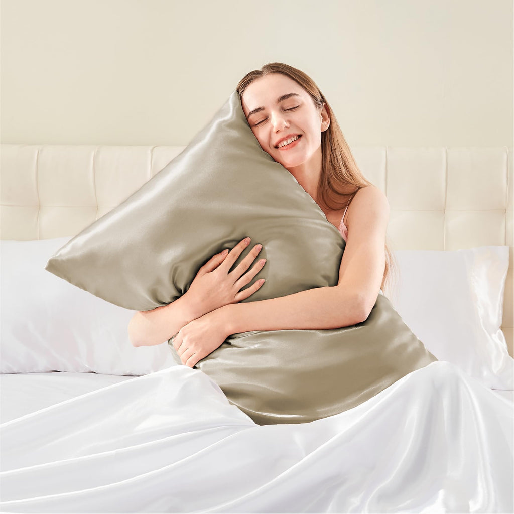 Bedelite Satin Pillowcase With Zipper, Taupe Pillow Cases Queen Size Set Of 2, Super Soft And Cooling Similar To Silk Pillow Cas