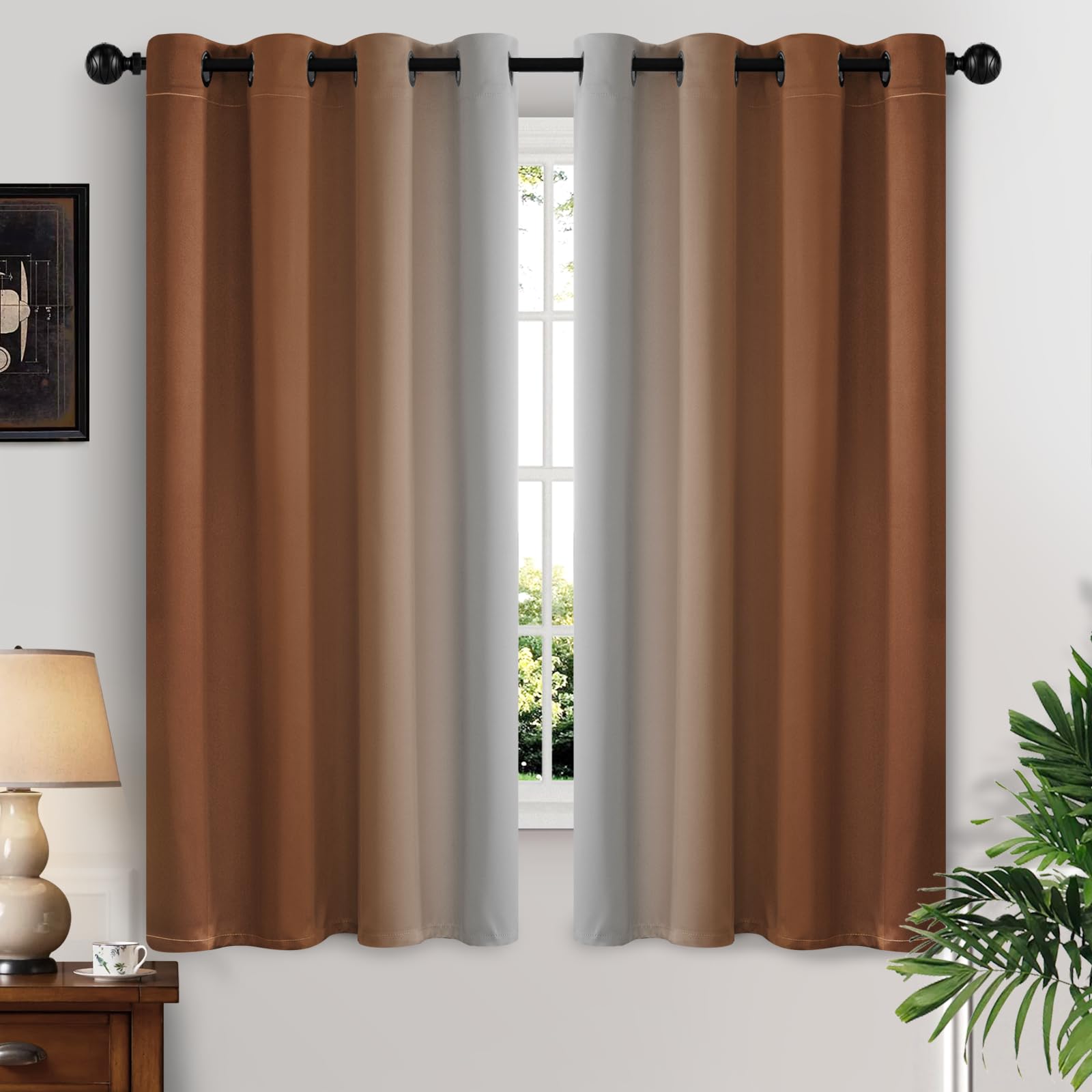 Yakamok Greyish White And Burnt Orange Ombre Curtains,Light Blocking Curtains,Room Darkening Grommet Window Drapes For Bedroom(B