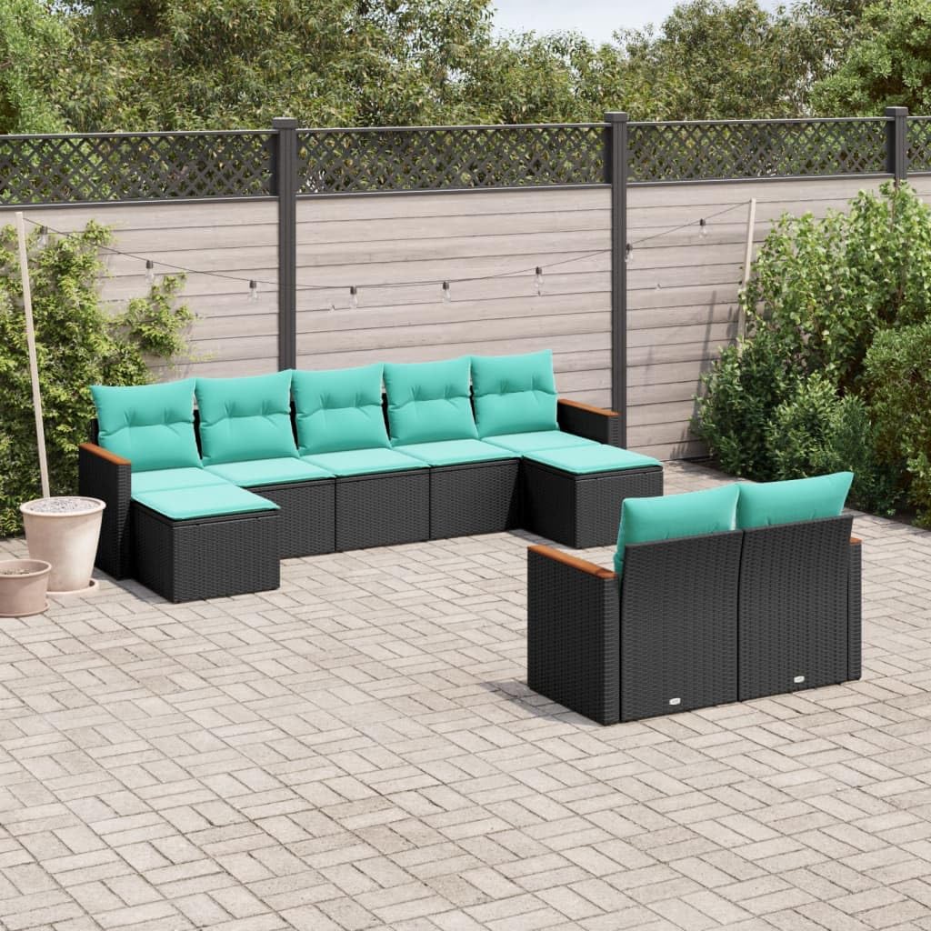vidaXL Patio Sofa Set with Cushions - 9 Piece Black Poly Rattan Outdoor Furniture, Modular Design, Water-Resistant Storage, Removable Covers