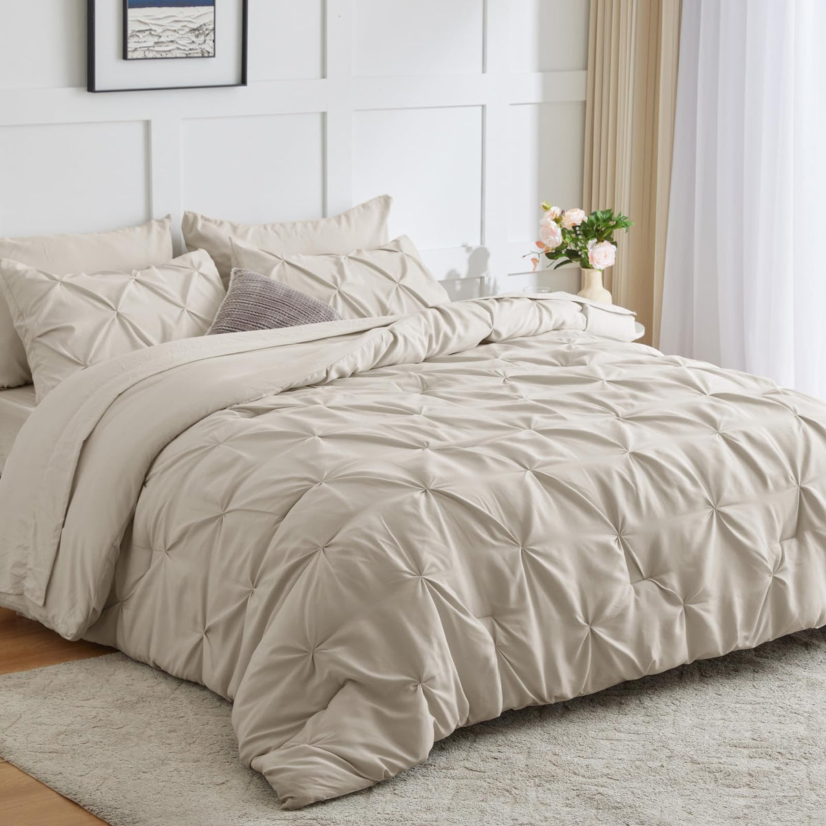 Cozylux California King Comforter Set - Beige Cal King Bed Set 7 Pieces, Pinch Pleat Cali King Bedding Set With Comforter, Sheet