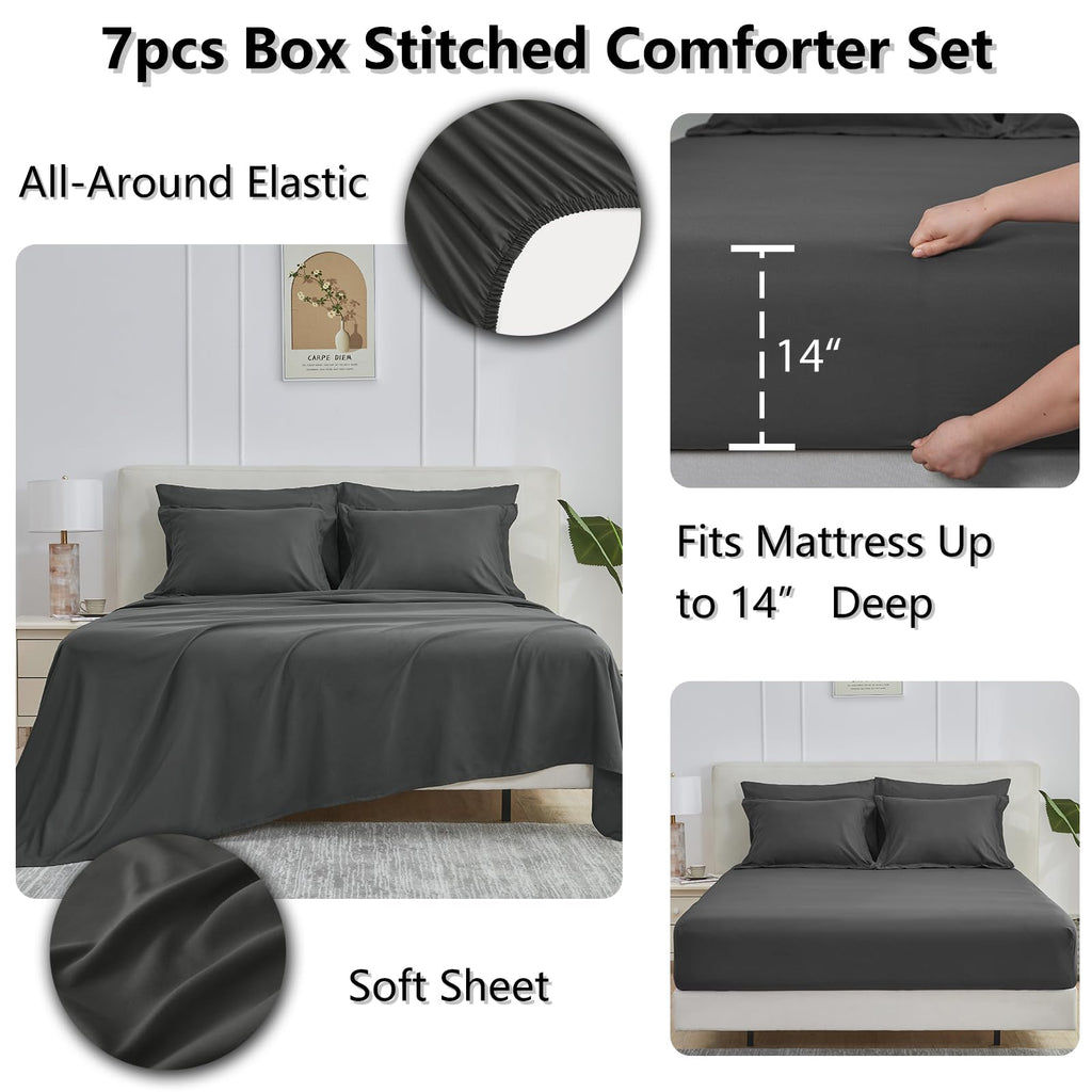 Cozylux King Size Comforter Set - 7 Pieces Bed In A Bag King, Complete Bedding Sets Bed Set For All Season With Comforter, Flat Sheets, Fitted Sheet, Pillowcases & Shams Dark Grey