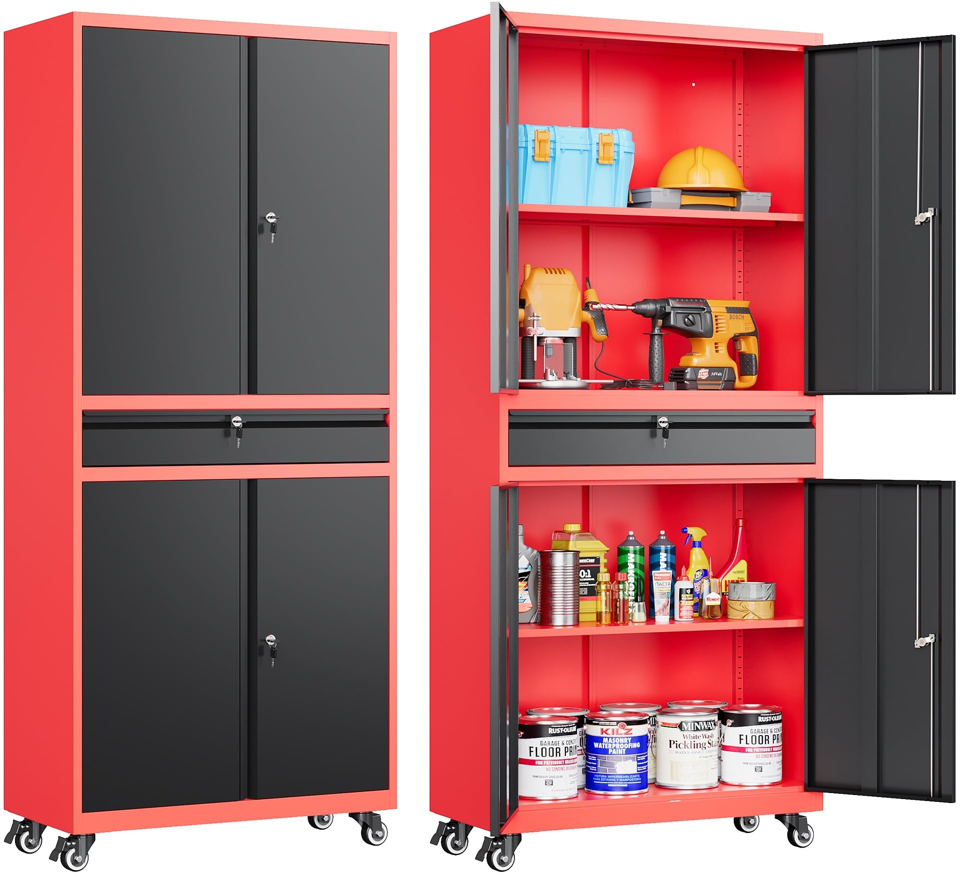 Metal Storage Cabinet with Wheels and Drawer,Rolling Garage Storage Cabinet with Lock,Black Red Metal Cabinet with Wheels,73 Mob