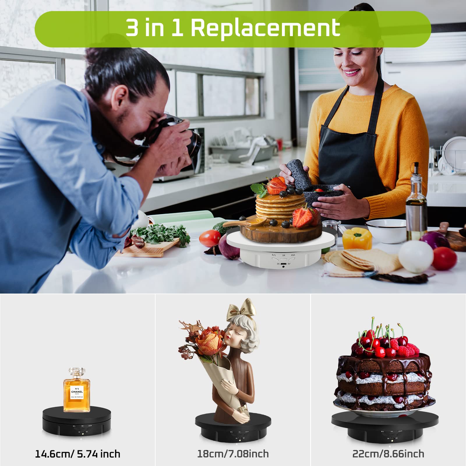 Jayegt 3 In 1 Motorized Rotating Display Stand With 5.74/7.08/8.66 Inch Replacement Cover,Max 22Lbs Load , 3D Models, Cake -Blac