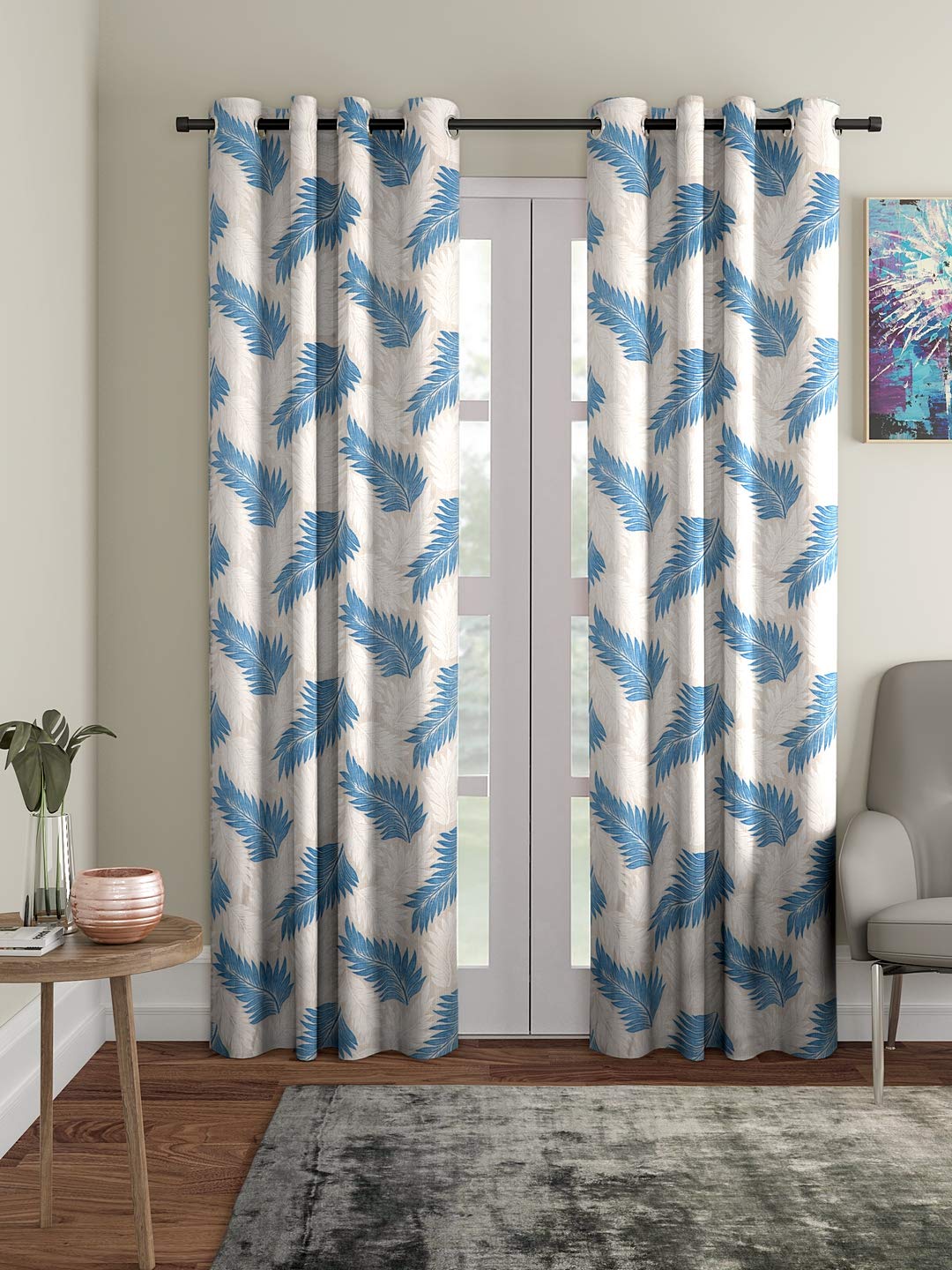 Cortina 2 Piece Leaf Design Panel Eyelet Polyester Door Curtains  7 Feet, Blue